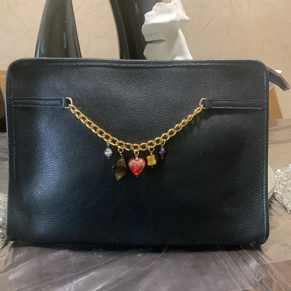 TERRIDA Italy Black Pebbled Leather w/Murano Glass Charms Luxury Travel Bag NWOT